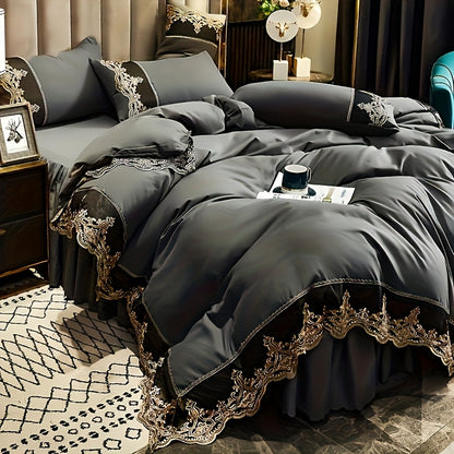 Modern luxury polyester duvet cover set with 2-3 pieces. Solid color with golden lace details. Soft, comfortable, and breathable with zipper closure. Suitable for bedroom, guest room, and