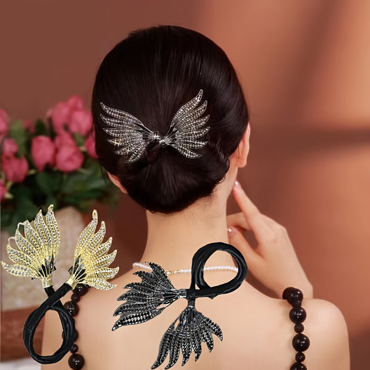 Chinese Style Golden Double Wing Hair Curler and Diamond Hair Band for Women, creating stylish bun hairstyles, an elegant hair accessory