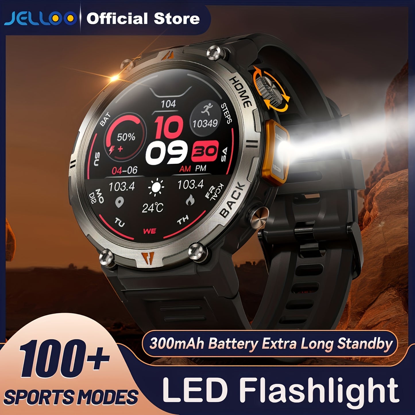 JELLOO Men's Smartwatch with TFT display, rechargeable battery, water resistance, sports modes, and compatibility with iPhone & Android - perfect gift for men.