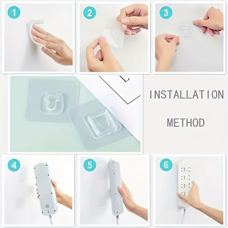 10 modern transparent plastic adhesive hooks with interlocking buckle for easy installation on walls and doors. Great for bathroom and door organization.