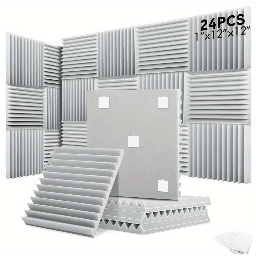 24pcs Acoustic Foam Panels for Studio, Home Theater & Office Decor - 30.48x30.48 cm, Fireproof Sound Absorbing Wedges in Gray/White/Black