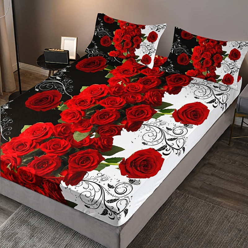 Set the mood with this romantic 3-piece Red Rose Print Fitted Sheet Set. Made from soft, breathable material, this bedding set will provide a comfortable night's sleep. Perfect for the bedroom or guest room, the set includes 1 fitted sheet and 2