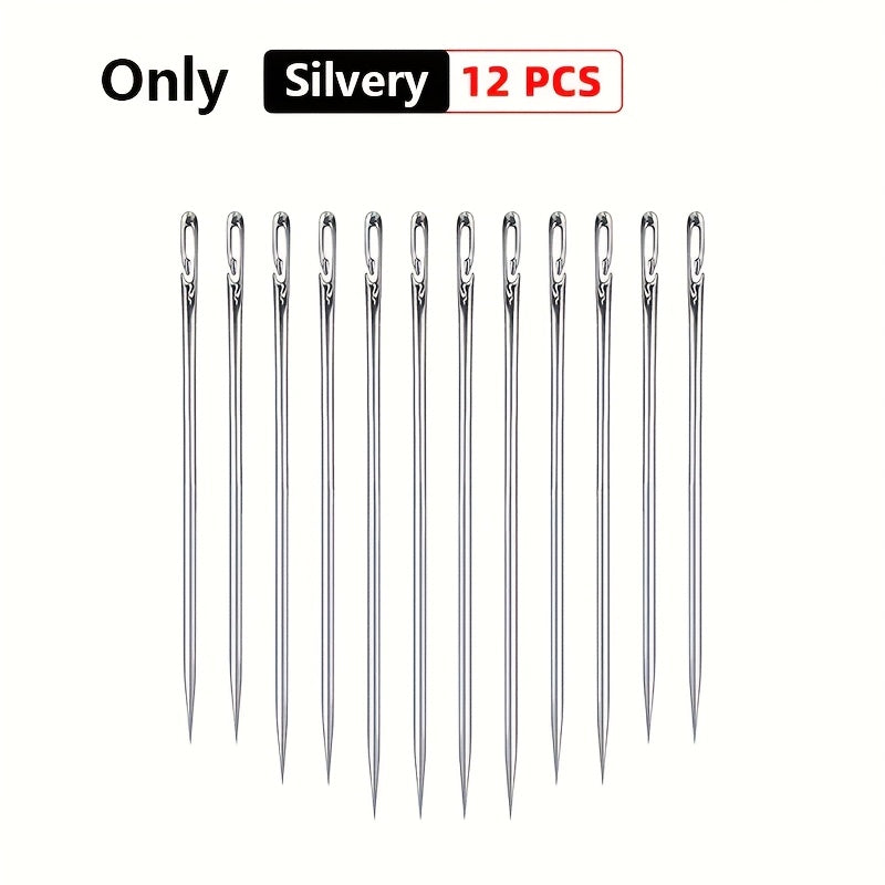 12 pieces of side hole blind sewing needles for the elderly, suitable for hand sewing and DIY home projects with self-threading capability.