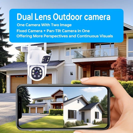 Two Smart Home Security Cameras with Dual Lens Offering 360° Pan & Tilt, Motion Detection, Two-Way Audio, Color Night Vision, Alarm Push, and IP65 Waterproof Rating. WiFi Compatible (2.4/5GHz) for Outdoor Surveillance.