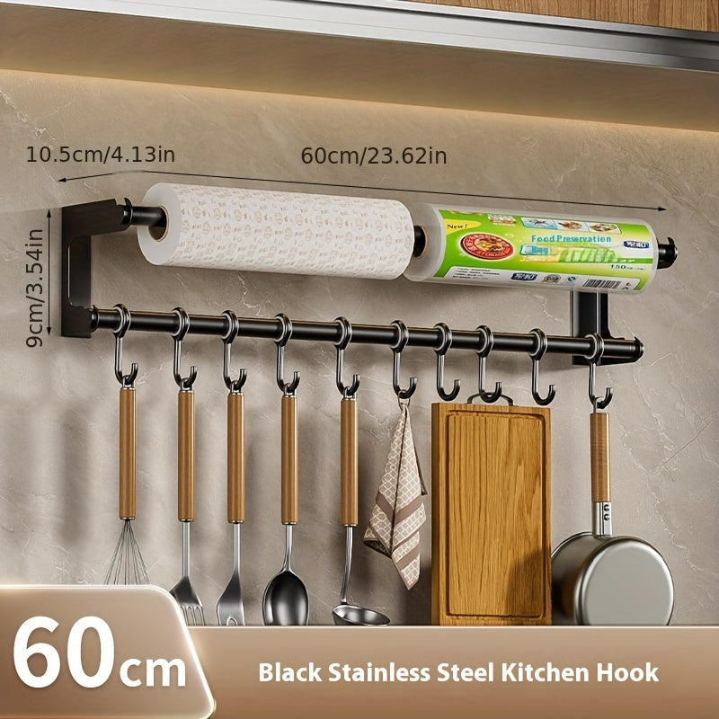 Wall-Mounted Stainless Steel Kitchen Organizer with Tissue Holder, Hook Rack for Utensils and Accessories Storage