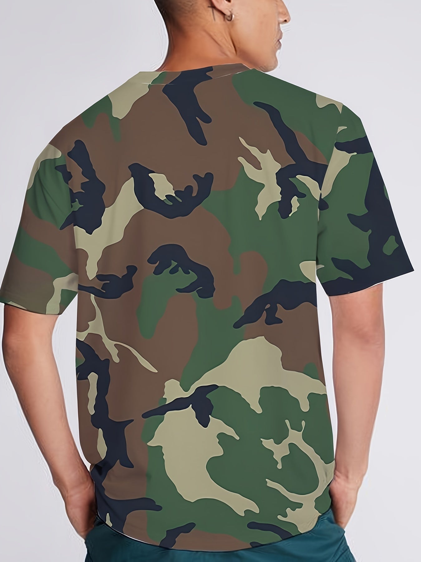 Men's Camo Print Summer Shirt - Short Sleeve, Breathable Polyester, Round Neck