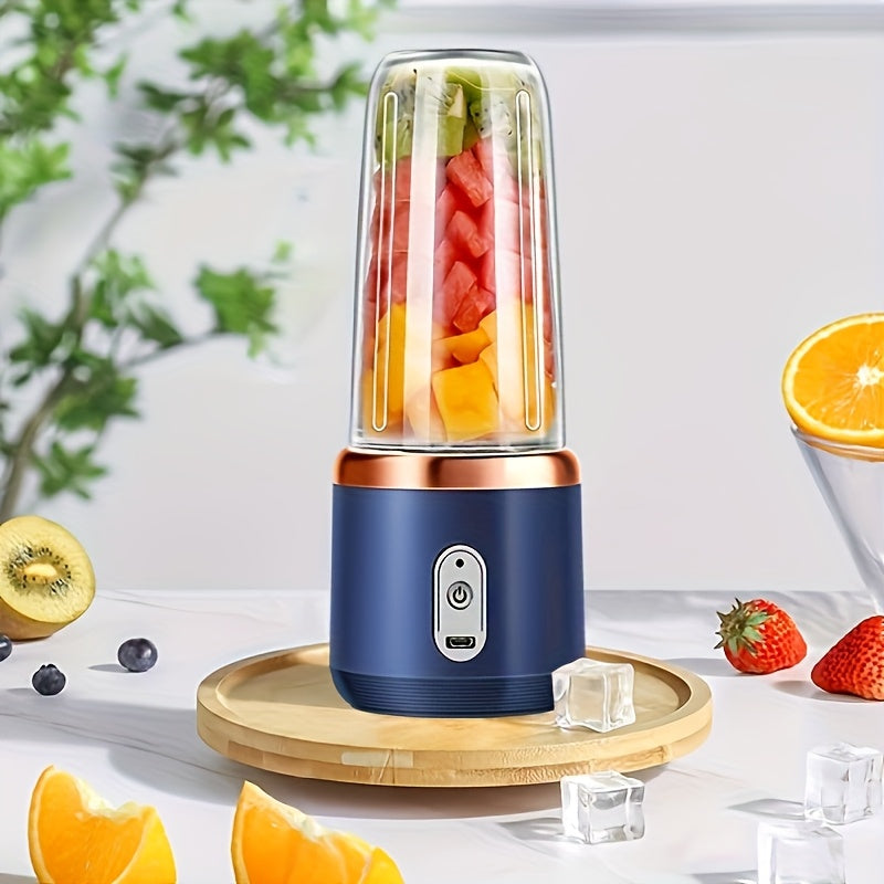 This kitchen appliance is a portable USB rechargeable blender perfect for making smoothies and purees. It has a 2-cup capacity and features a 6-blade multifunctional design for personal juicing. With its round plastic shape and built-in lithium battery