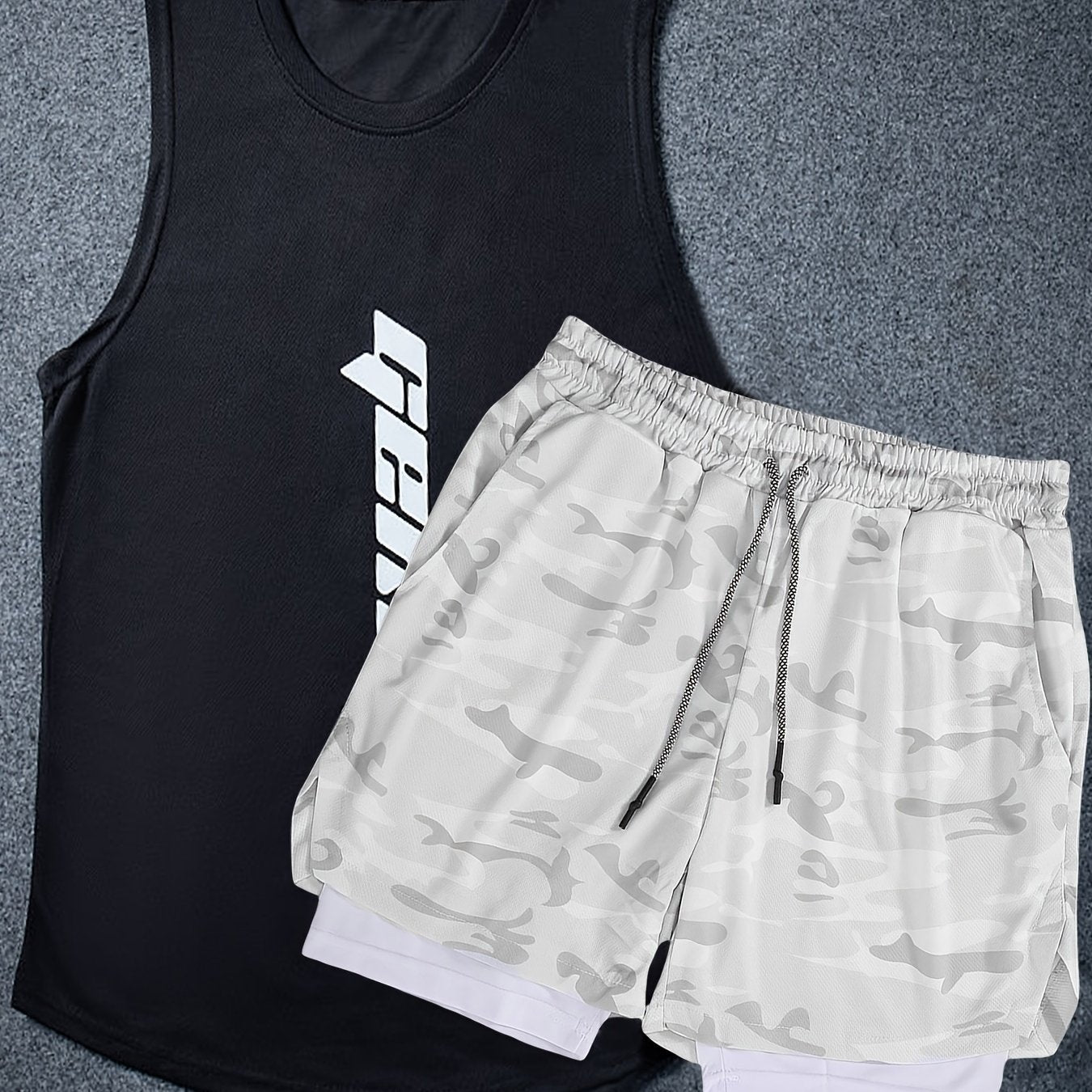 Men's 2-piece fashion set with letter print tank top and drawstring shorts.