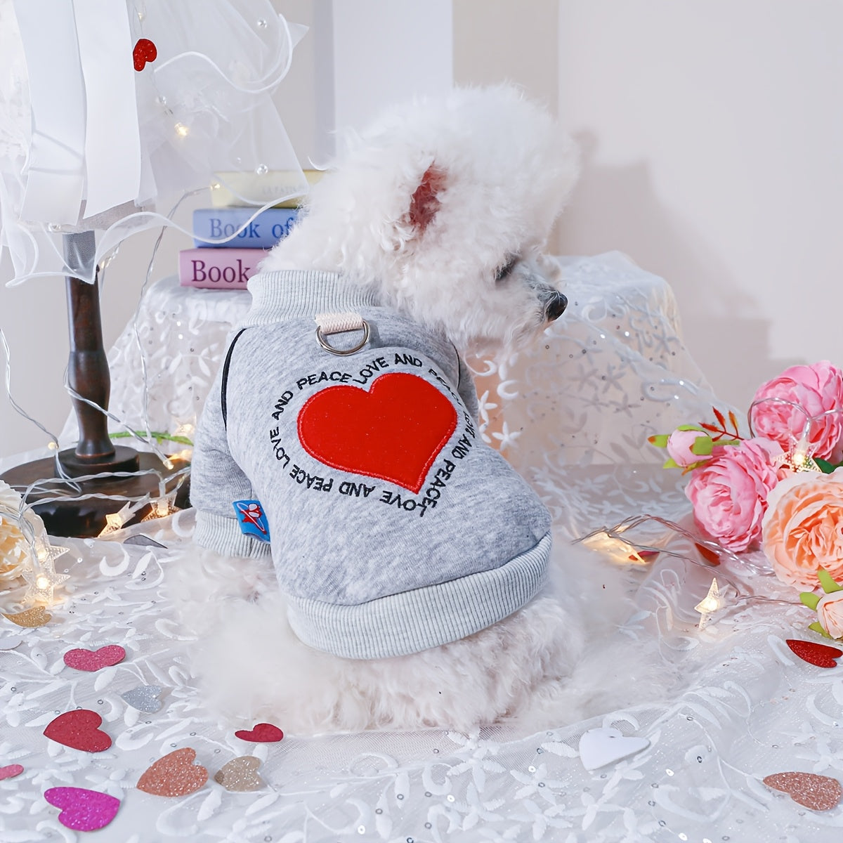 Soft knit heart-shaped pet sweater for small dogs, suitable for all seasons.