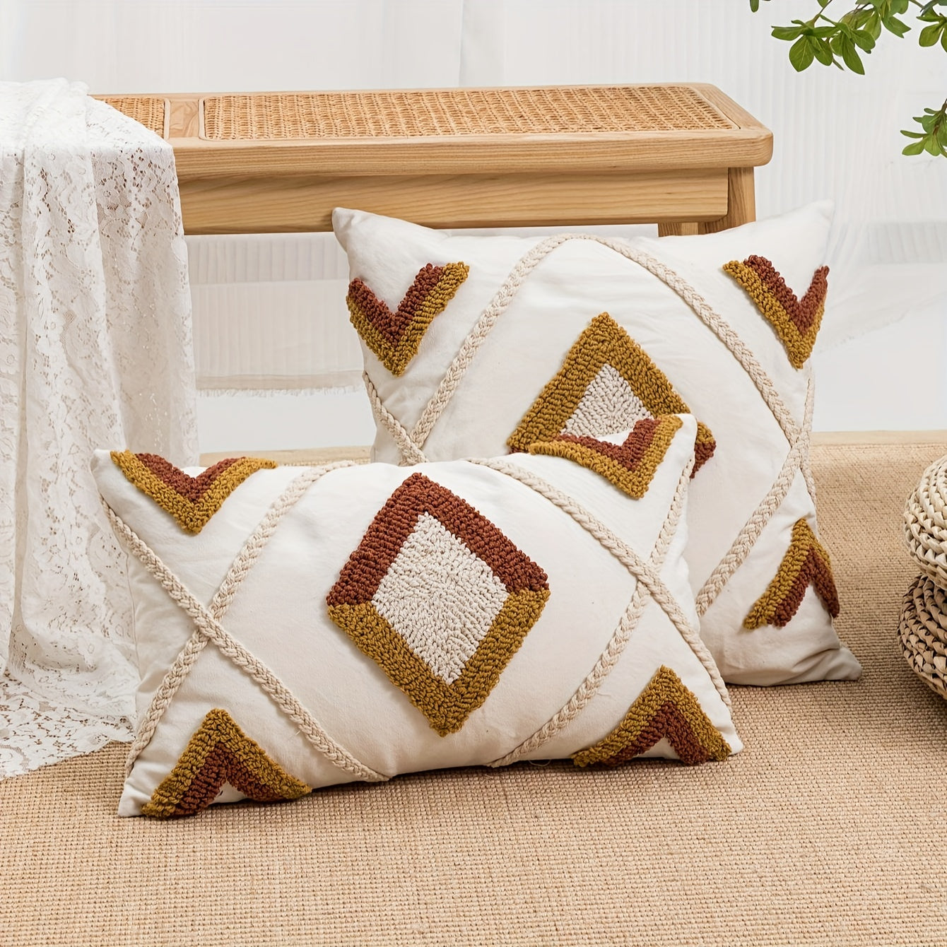 Bohemian geometric pillow cover featuring hemp rope & velvet embroidery - perfect for bedroom, living room, or sofa decor. Square design in beige with jute detailing.