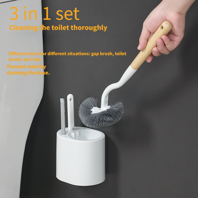 Toilet cleaning set includes long-handled brush, wall-mounted storage, gap brush, soft bristles, and drip base. Perfect for thorough cleaning without power.