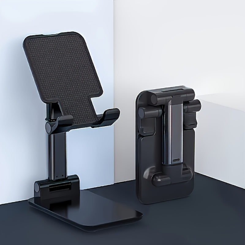 Compact and adjustable mobile phone and tablet holder designed for all devices, with ergonomic design, foldable and multi-angle support made of ABS material for use on home and office desks.