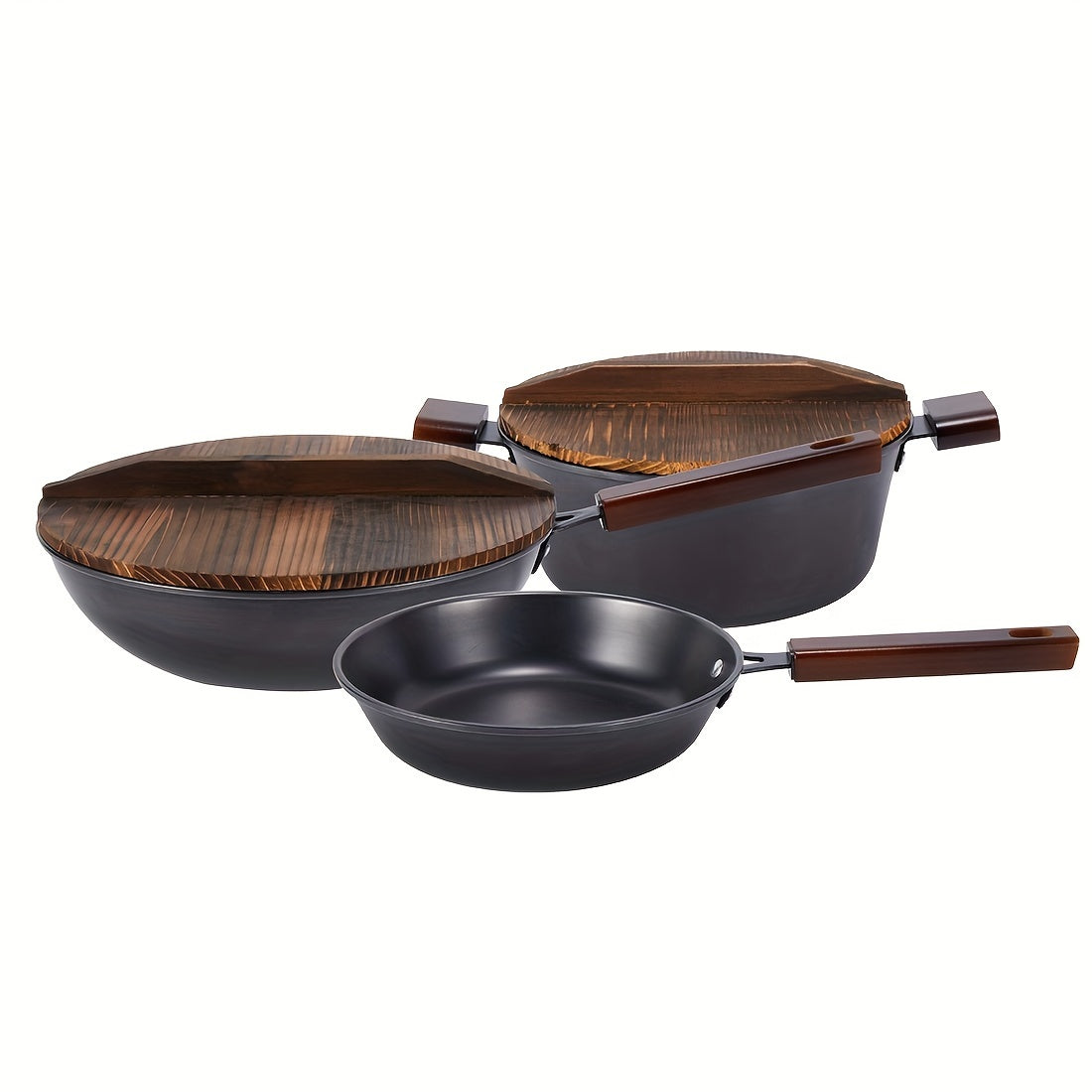 Vintage Kitchen Three-piece Set includes a 32cm Wok, 24cm Soup Pot, and 24cm Frying Pan. Set comes with 2 Charcoal Burning Wooden Covers, made from Original Cast Iron with Charcoal Burning Wooden Handles. Features Non-stick Layer Technology and an