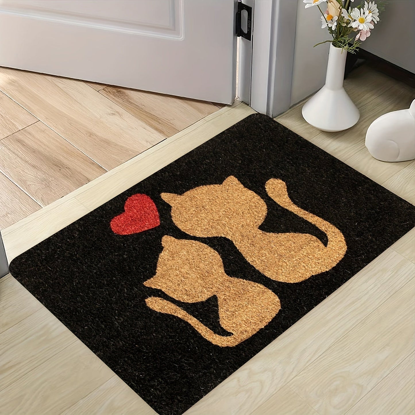 Whisker Wonders Cat Silhouette Doormat - Polyester Mat with Non-Slip Backing, Machine Washable, Indoor/Outdoor Rug with Heart Design for Front Door Entryway