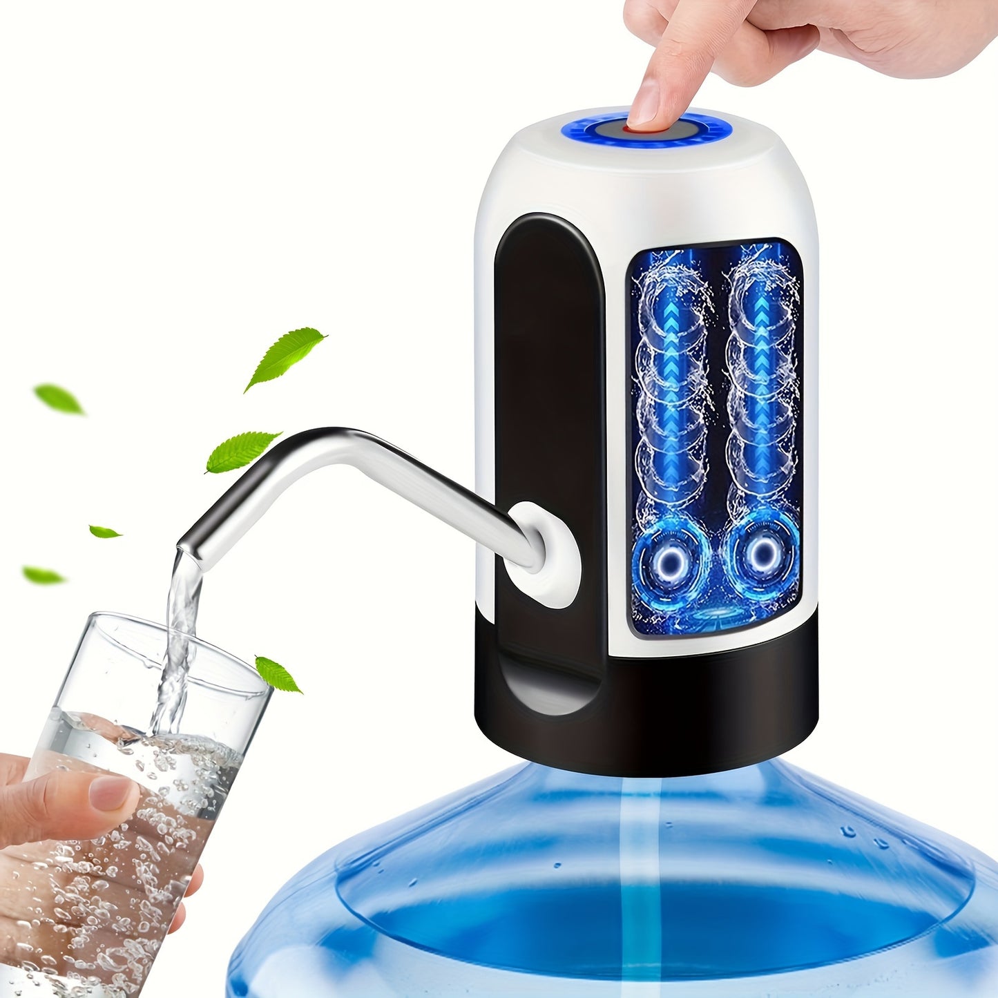 USB rechargeable water pump with LED indicator for 11.36-18.93 L bottles. Perfect for camping and home use. High-quality solution for drinking water on-the-go. Mini dispenser.