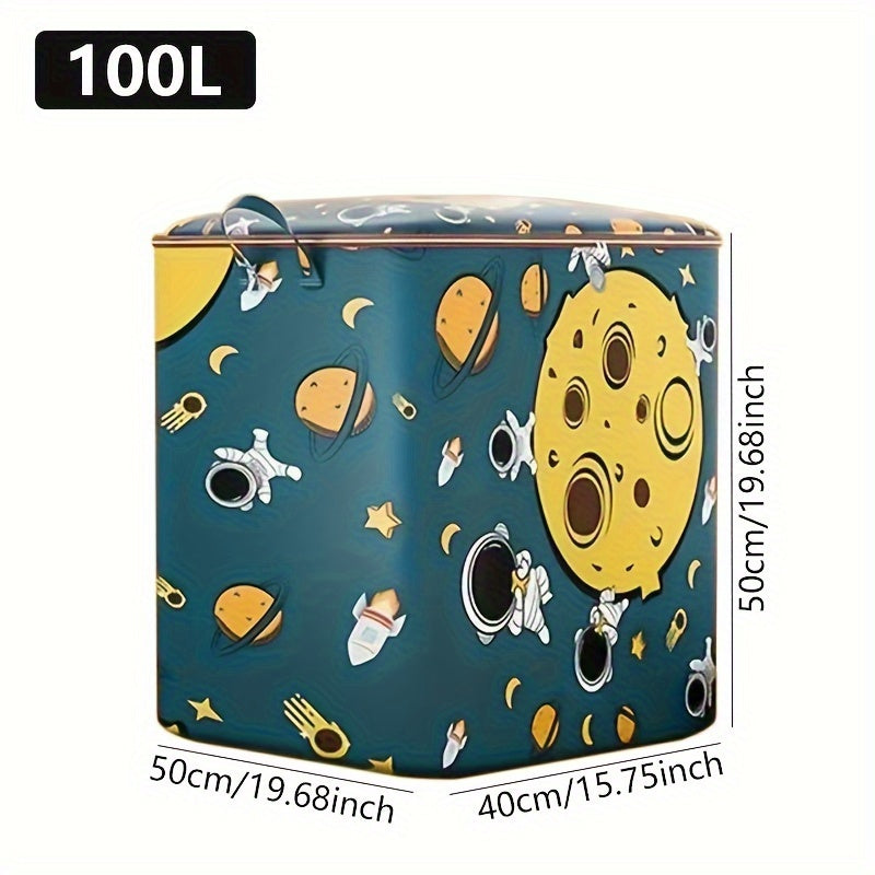 Large foldable storage bag for clothes and belongings, with cute cartoon design, available in sizes 100L, 140L, and 180L.