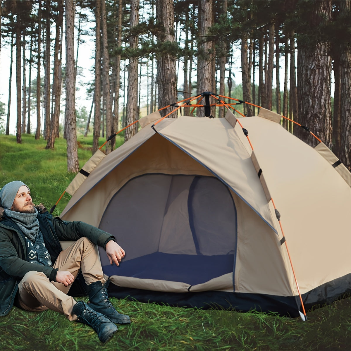 Light brown square tent for 4 people with automatic pop-up feature, waterproof Oxford cloth material, zipper closure, and glass fiber frame. Portable for camping, fishing, hiking