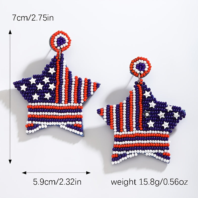 Handcrafted American flag beaded earrings with a boho chic vibe, featuring celestial symbols and a cute style. Made with stainless steel posts, these earrings are perfect for daily wear or festivals all year round. Feather-free design.