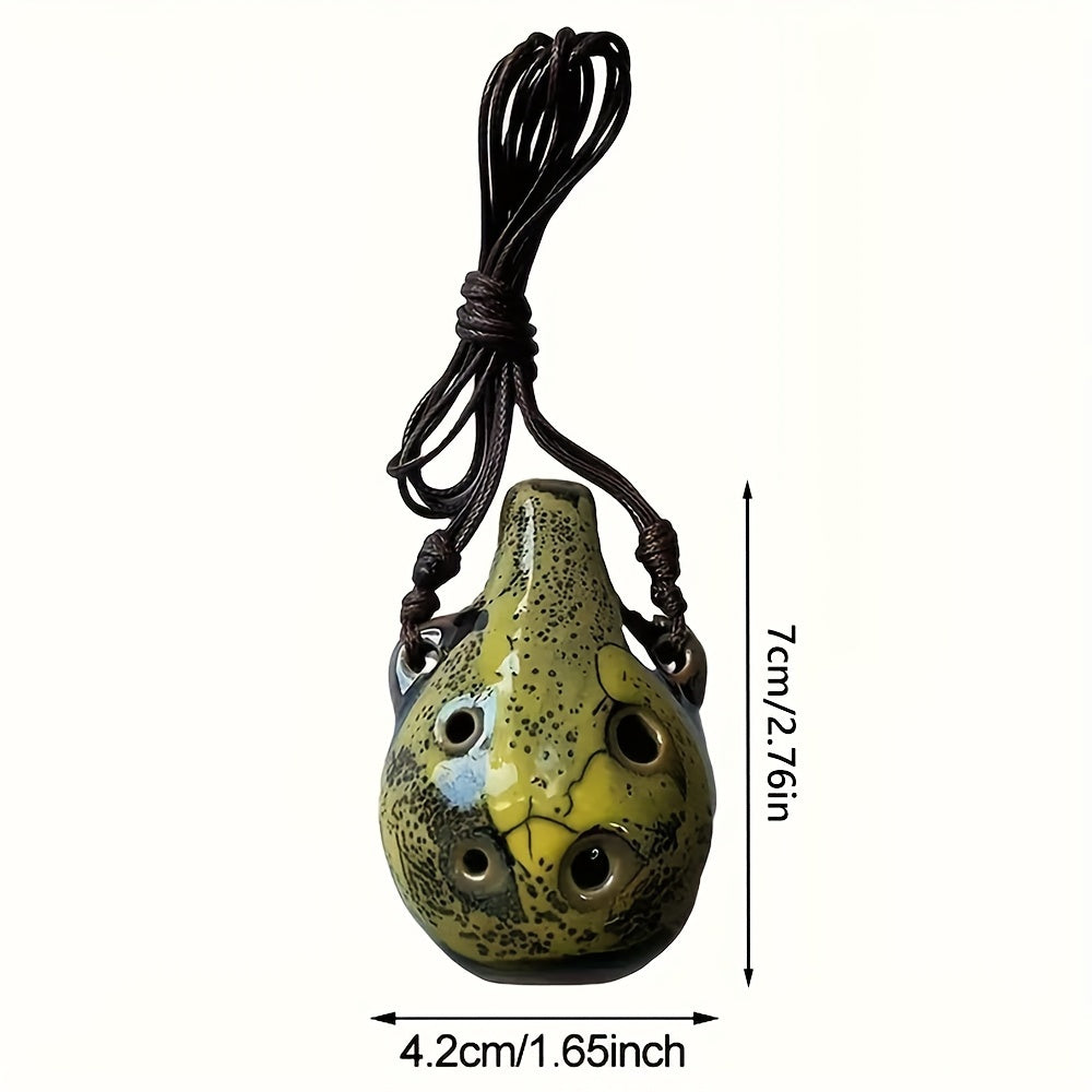 Portable ceramic ocarina flute with 6 holes, adjustable necklace, clear tone, and vibrant colors, perfect for beginners.