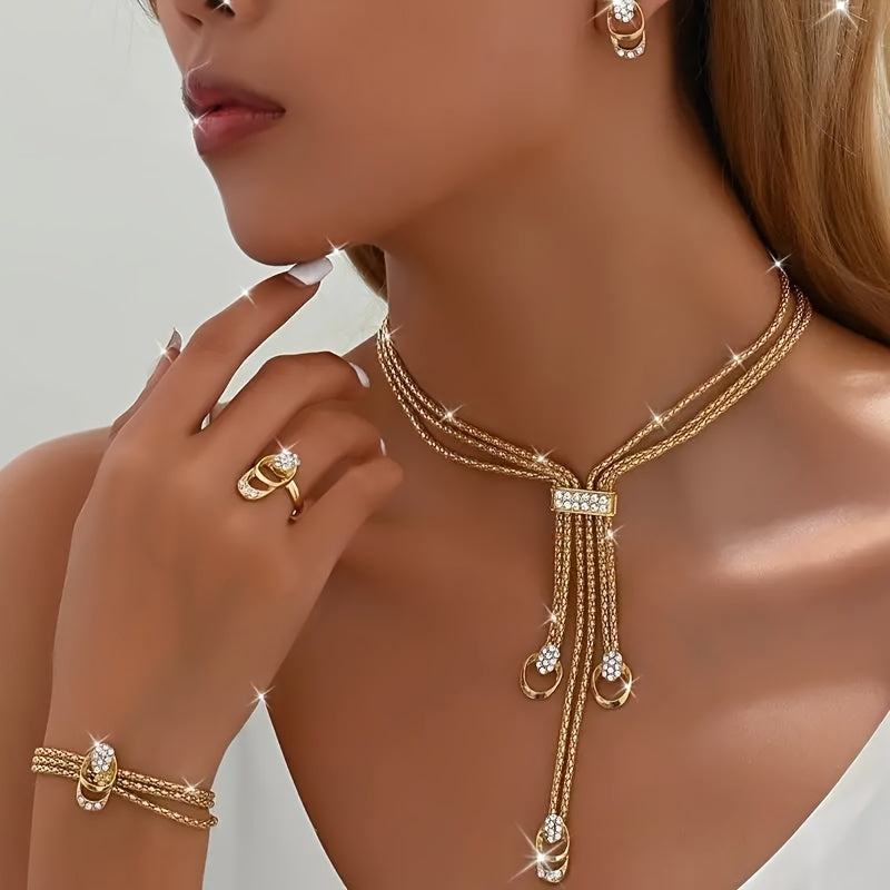 Luxurious Boho Street Style Jewelry Set - Includes Necklace, Earrings, Bracelet, and Ring | 14K Gold Plated Zinc Alloy with Rhinestone Details | Ideal for Weddings, Parties, and Gifts | Perfect for Spring Festivals and Year-Round Wear