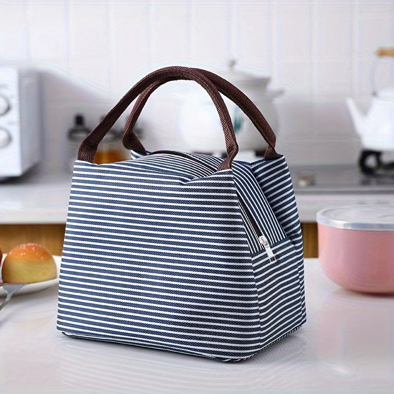 Trendy Insulated Lunch Tote with Striped Design - Made from Sturdy Oxford Cloth, Features Easy-to-Clean Aluminum Foil Lining, Large and Light for Work, Picnics, and Camping