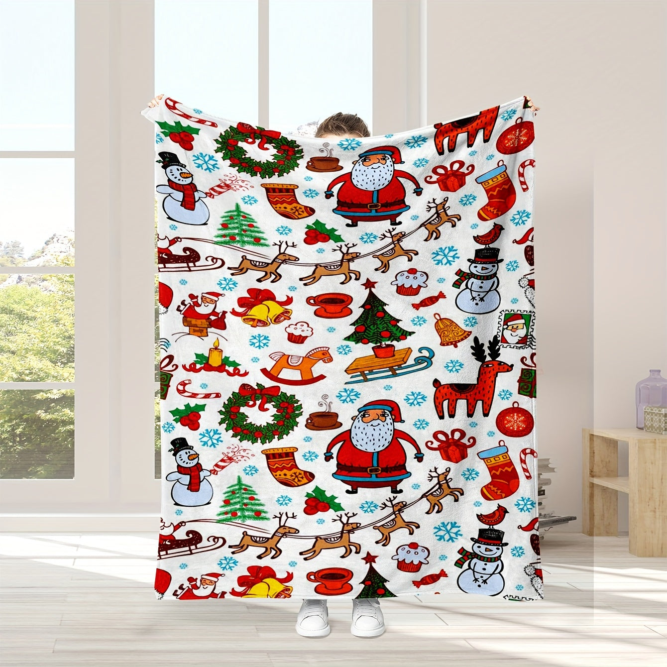 Get cozy with this flannel fleece blanket featuring a festive Christmas cartoon print. Made from soft and comfortable material, this reversible blanket is machine washable and can be used for multiple purposes such as on the sofa, in the office, while