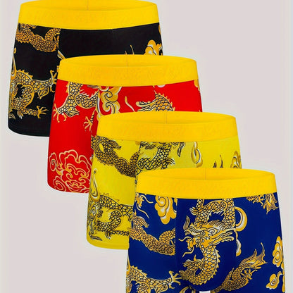 Men's dragon print boxer briefs, 4-pack, made of 95% polyester and 5% elastane, breathable and stretchy, with embroidered knit fabric.