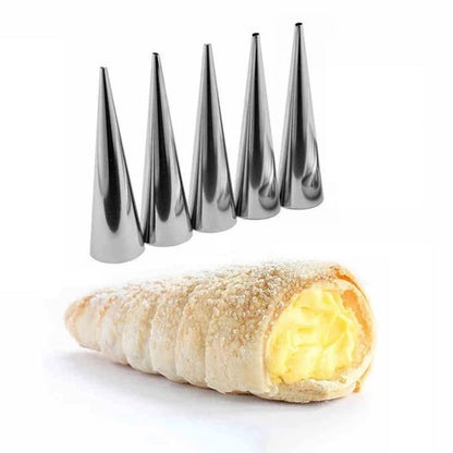 Set of 5 Stainless Steel Cream Horn Molds for Making Cannolis, Non-Stick Pastry Filling Tubes for Danish Pastries, Perfect for Croissant Shells, Cream Rolls, Puffs, and Waffle Cones. Essential Baking Supplies and Kitchen Gadgets.