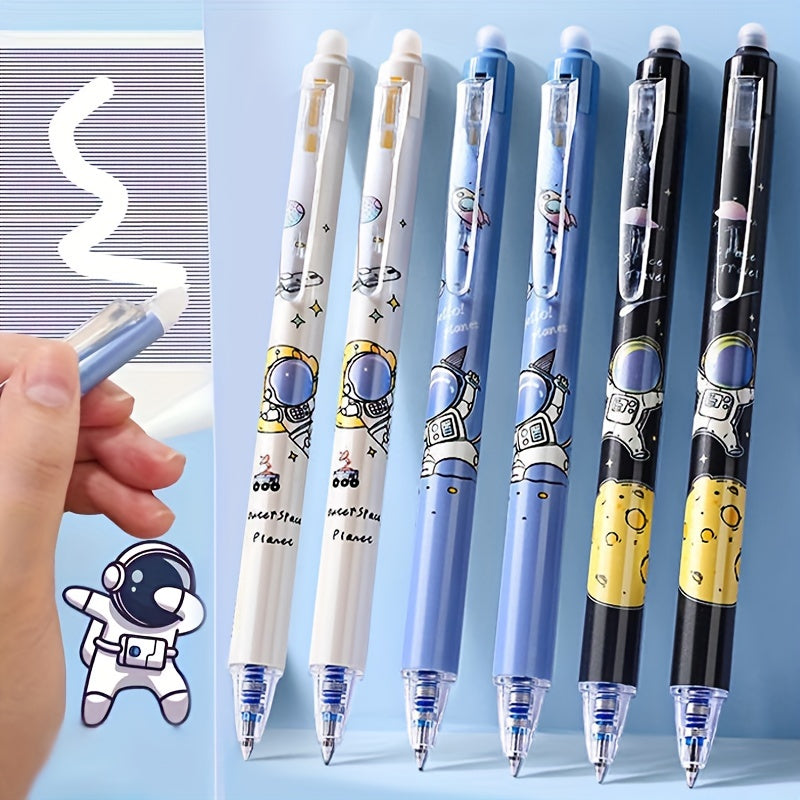 6pcs 0.5mm erasable gel rollerball pens with erasers, ideal for school and office.