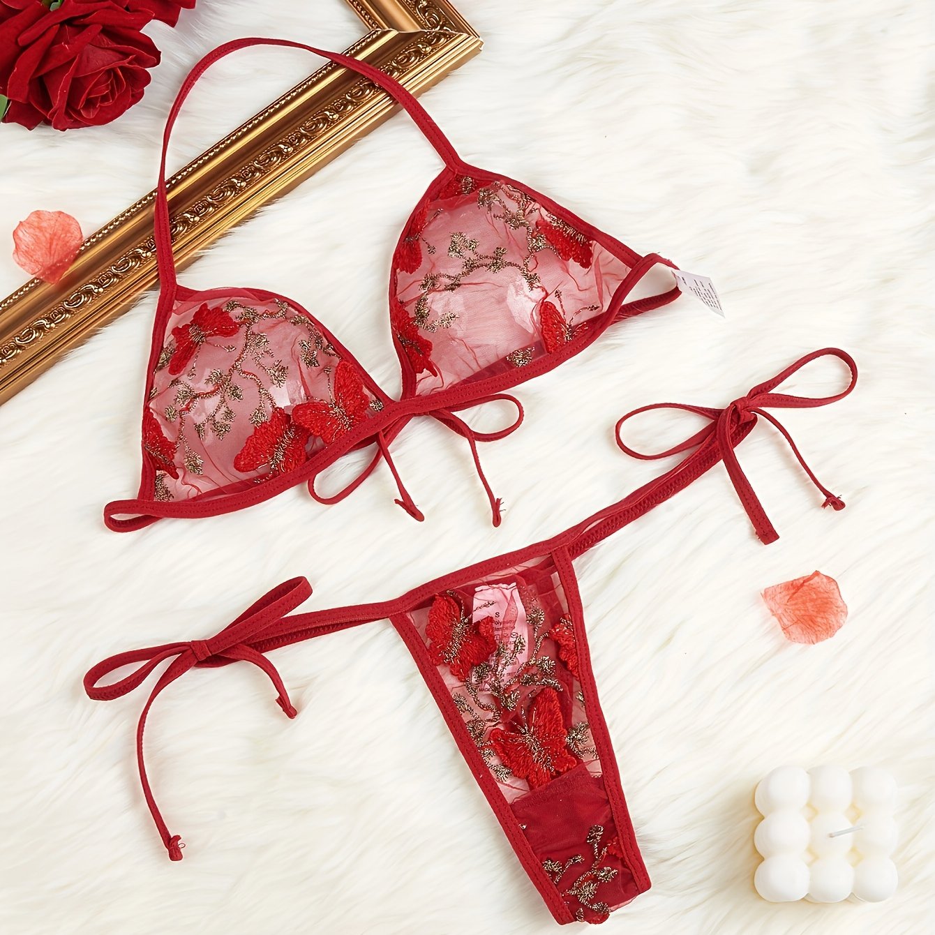 Butterfly embroidery lingerie set for women with transparent straps