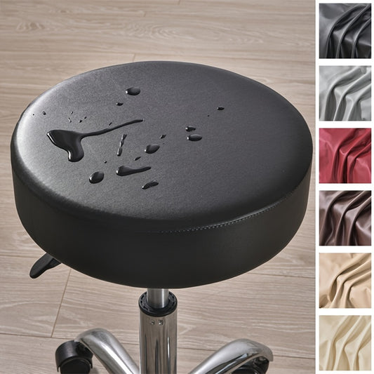 Waterproof faux leather stool cover in black, red, and brown. Elastic fit for various settings. Machine washable.