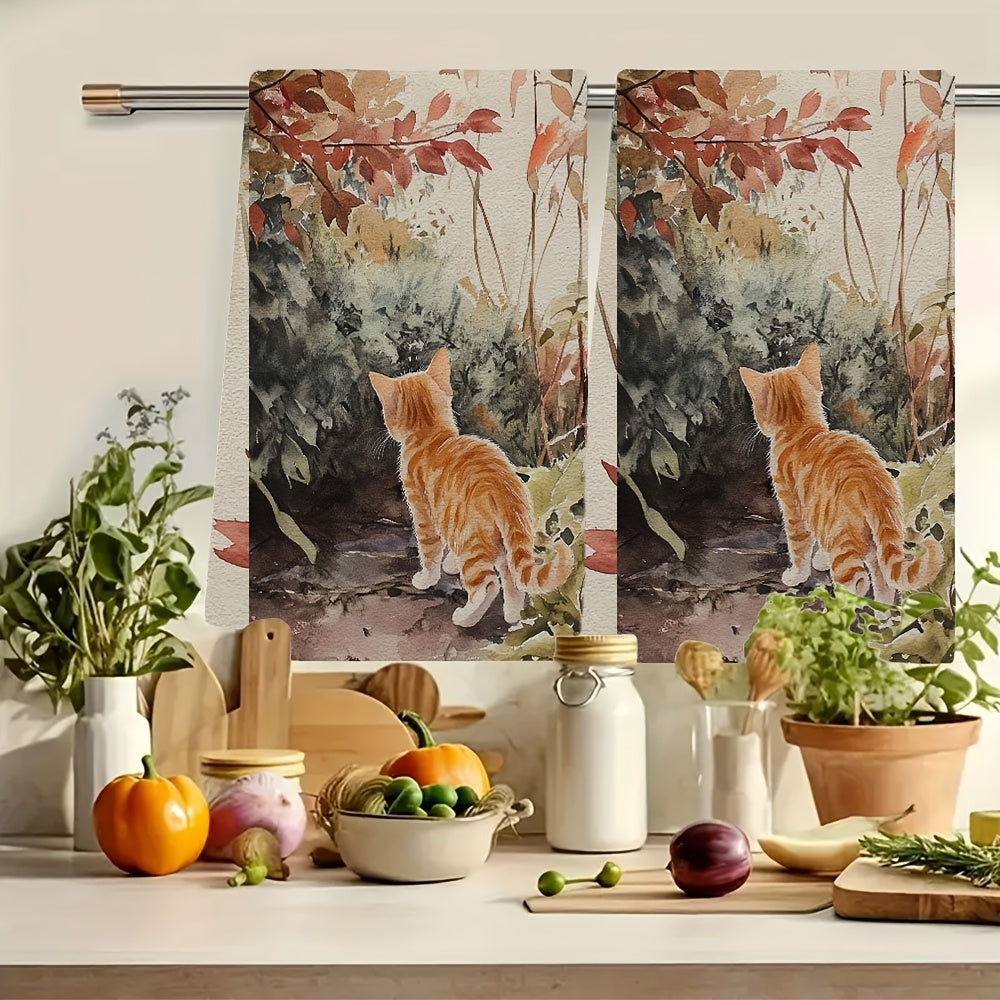 Set of 2 Ultra Soft Kitchen Towels featuring "Curious Kitten in Garden" Design. These towels are highly absorbent, machine washable, and have a contemporary style. Each towel measures 40.64x60.96 cm, perfect for use as dish hand towels.