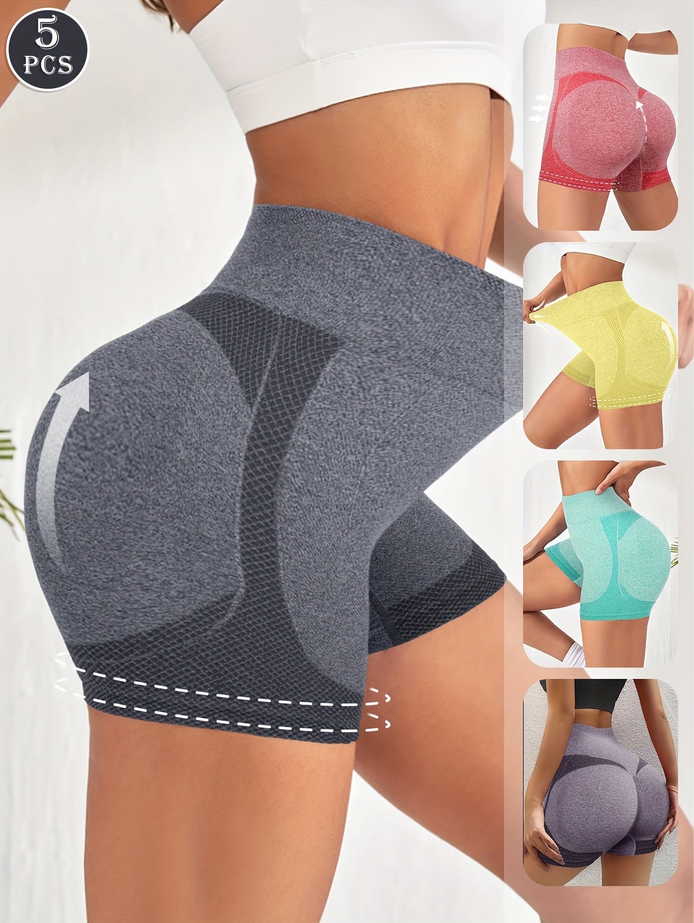 Five seamless high-waisted shorts that lift the hips and tighten the tummy, perfect for sports and fitness. Quick-drying and comfortable for a fashionable body fit. Suitable for women's