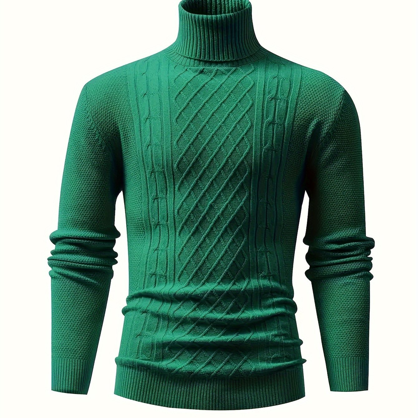 Men's cable knit turtleneck sweater for fall/winter, warm and stretchy pullover with solid color, long sleeves, blend fabric.