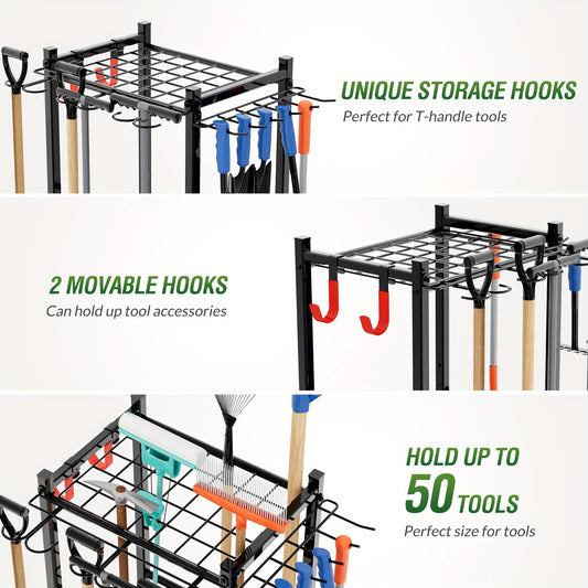 Durable black metal tool rack holds 50+ garden tools, adjustable and compact for garage or shed storage, with hooks for rakes and brooms.