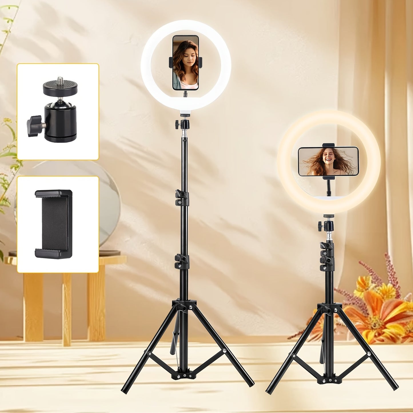 10-inch selfie ring light with 43-inch tripod, USB powered LED studio lighting for video recording and live streaming. Compatible with smartphones. Made of PP material, works with 36V or