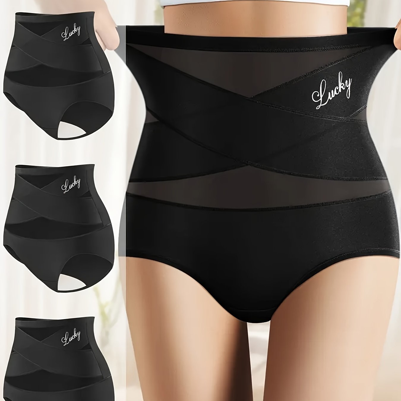 3-Pack High Waist Shapewear Panties with Alphabet Print, Adjustable Cross Design, Polyester-Elastane Knit Fabric for Comfortable Tummy Control.