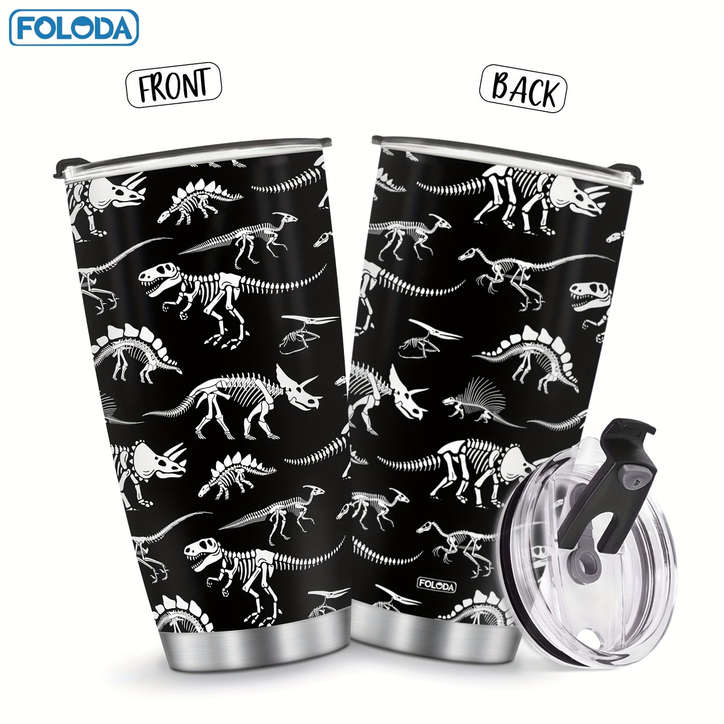 Foloda Dinosaur Stainless Steel Insulated Tumbler 20oz - Ideal for Hot/Cold Drinks, Oval Shape, Leak-Proof Flip Lid, Perfect Gift for Any Occasion.