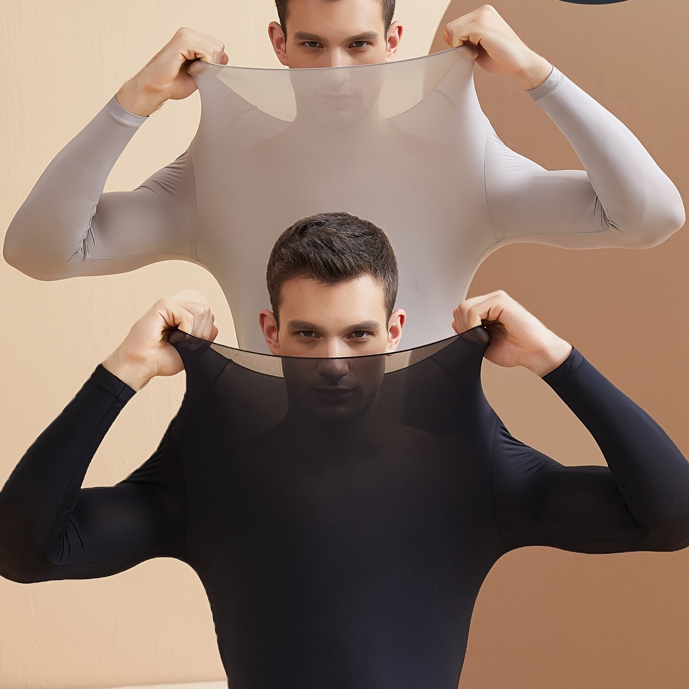 2 ultra-thin seamless thermal tops for men, ideal for fall and winter, with stretchy, comfortable base layer and round neck.