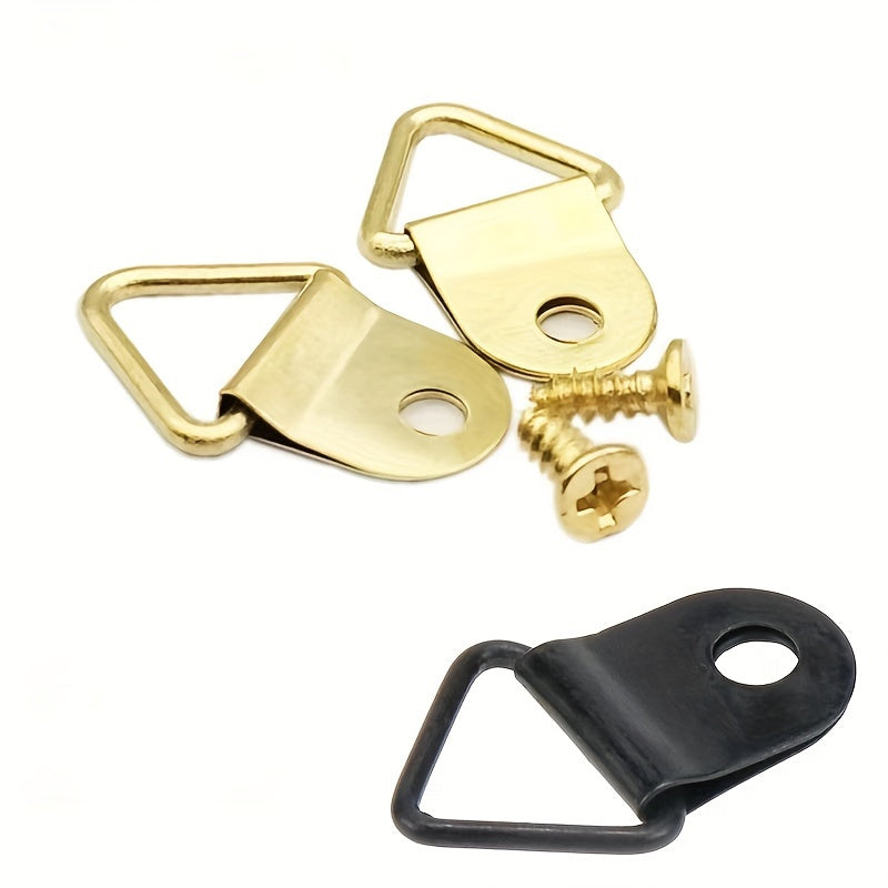 30/80pcs golden triangular frame hooks with screws for wall mounting, modern style, easy to install, for picture frames and art display hardware.