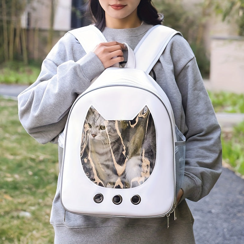 Portable cat backpack carrier with water-resistant material, breathable design and zip closure. Features comfortable shoulder straps for cats and small dogs, perfect for outdoor adventures.