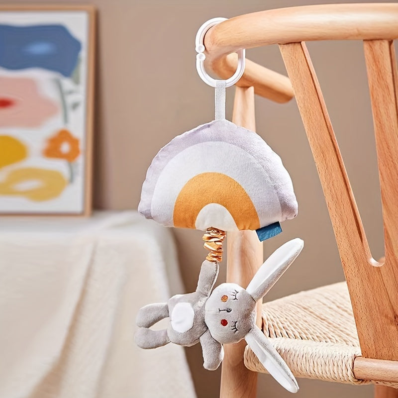 Toy car hanging bed with animal motif and pull bell, featuring a cartoon animal door handle pendant and baby music box.