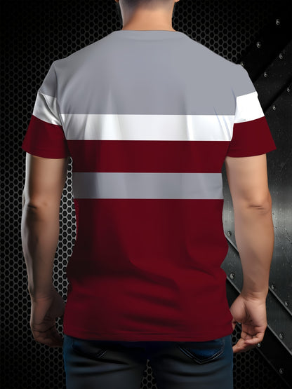 Men's casual crew neck t-shirt with grey, white, and red stripe print. Made of 95% polyester and 5% spandex knit fabric, it has a slight stretch and a regular fit. Weighs 110g/m².