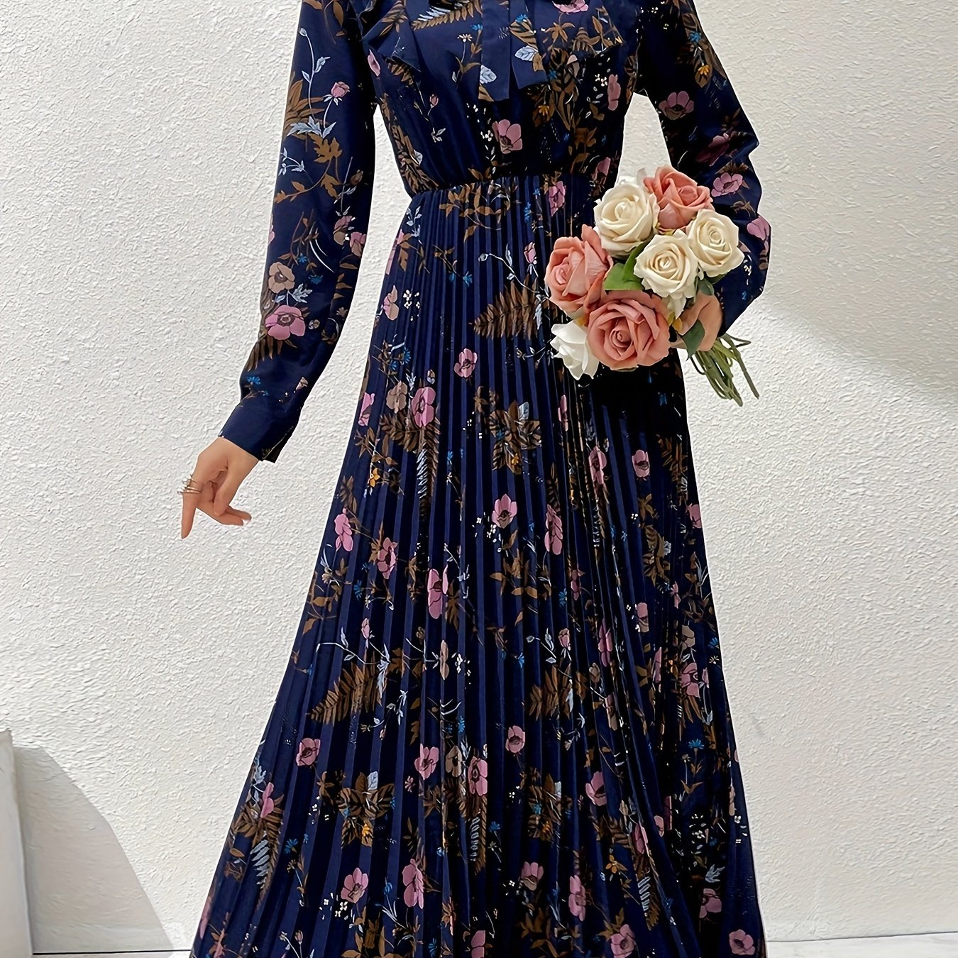 Floral print kaftan dress with tie neck and ruffle trim, elegant long sleeve pleated A-line maxi dress for women's clothing.