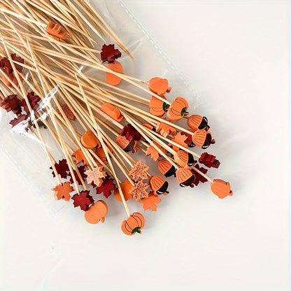 50 bamboo cocktail picks for appetizers and fruit skewers, featuring decorative leaves, pumpkins, and acorns. Perfect for Thanksgiving, Halloween, Christmas, Easter, and parties.