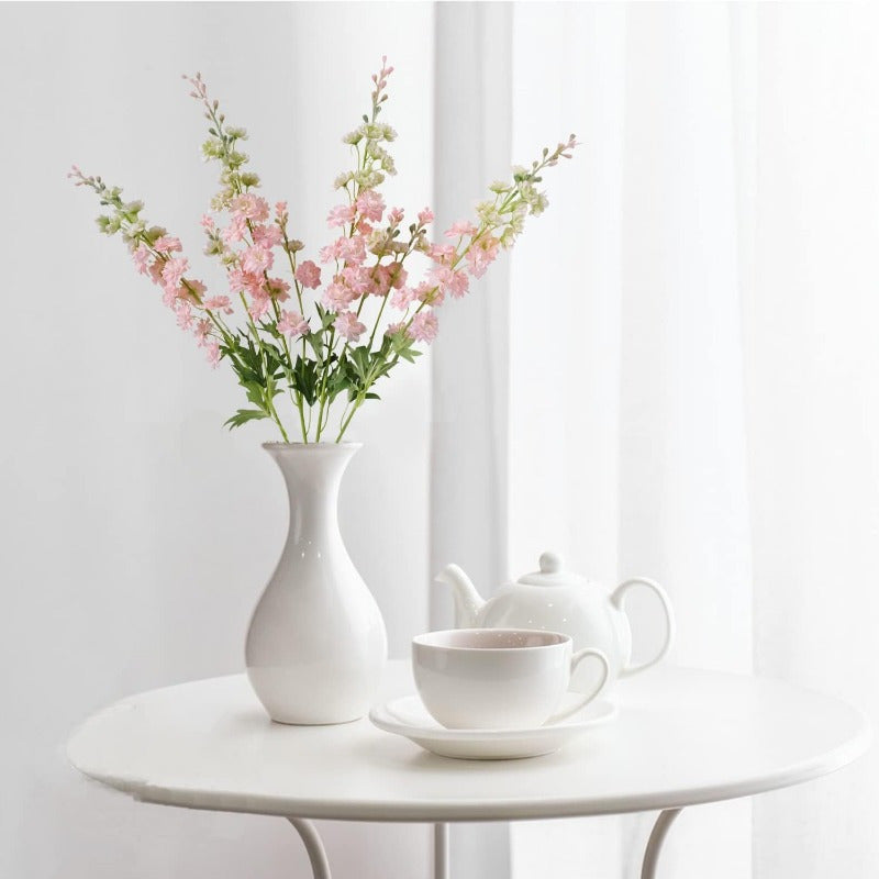 4 pink artificial Delphinium flowers for decoration with a lifelike, realistic touch. Ideal for tall vases in home, wedding or office.