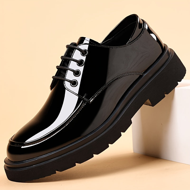 Sleek black dress shoes for men with non-slip rubber sole, breathable comfort, perfect for business and casual wear. Lace-up style.