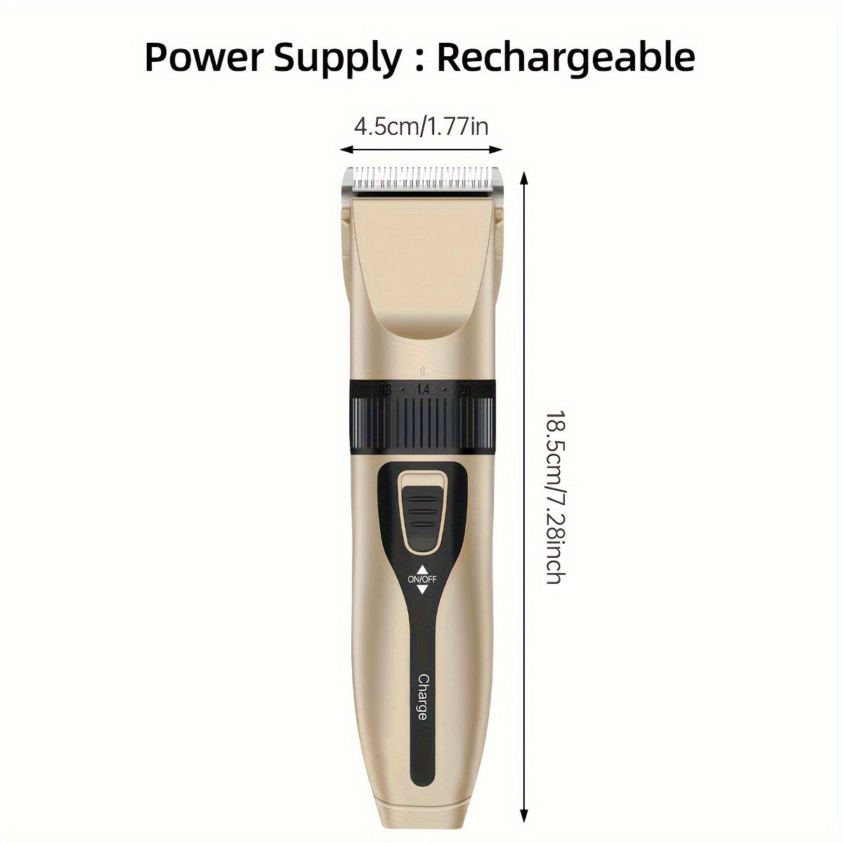 Rechargeable, quiet electric pet hair trimmer for thick coats with USB charging, cordless design and lithium battery. Includes 4 guide combs. Ideal for grooming dogs and cats.