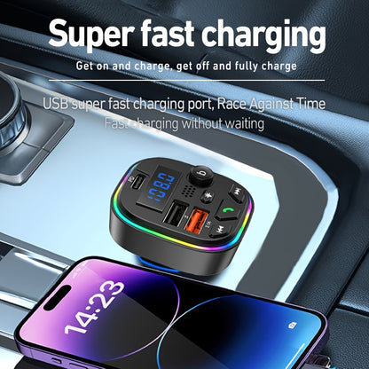 Car charger with FM transmitter and PD 30W, Type C & dual USB ports for fast charging, wireless MP3 player, hands-free calls, AUX, high fidelity audio, and car plug operating voltage ≤36V.