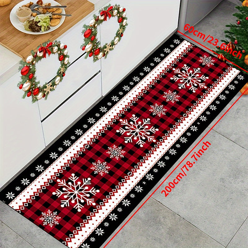 Christmas Snowflake Runner Rug in Festive Design, Non-Slip Polyester Tapestry, Machine Washable, Perfect Holiday Decor for Entryway, Living Room, Bedroom, Outdoor Patio, Garden - Features Black and Red Grid Design